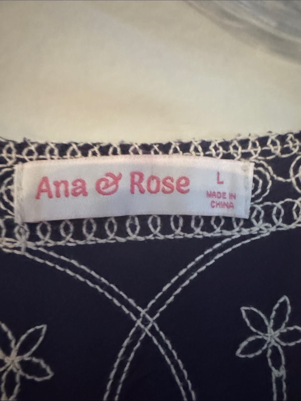 Ana & Rose Embroidered Navy Peasant Scalloped Top with Cream Lace Accents - Picture 2 of 6